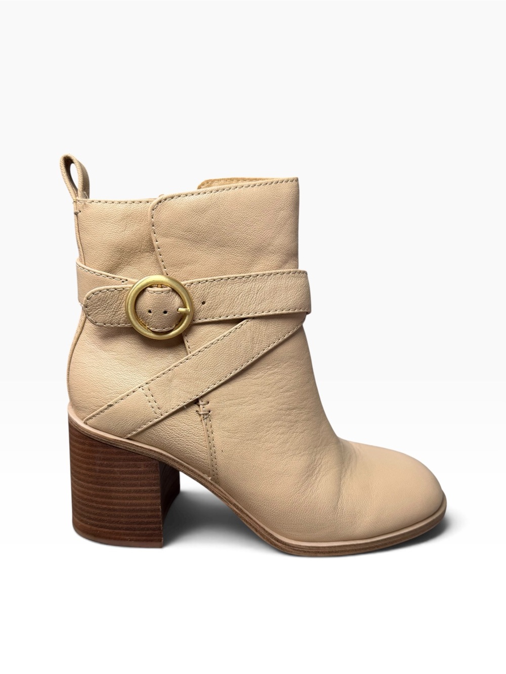 Crown Vintage Courla Women’s 9M Beige Leather Ankle Boots Buckle Block Heel